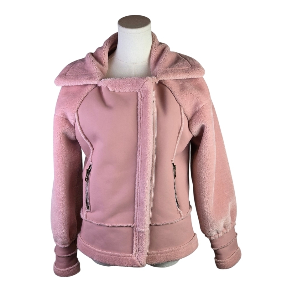 Blush Pink Faux Shearling Moto Jacket Size S Korean Oversized Lapel Zip